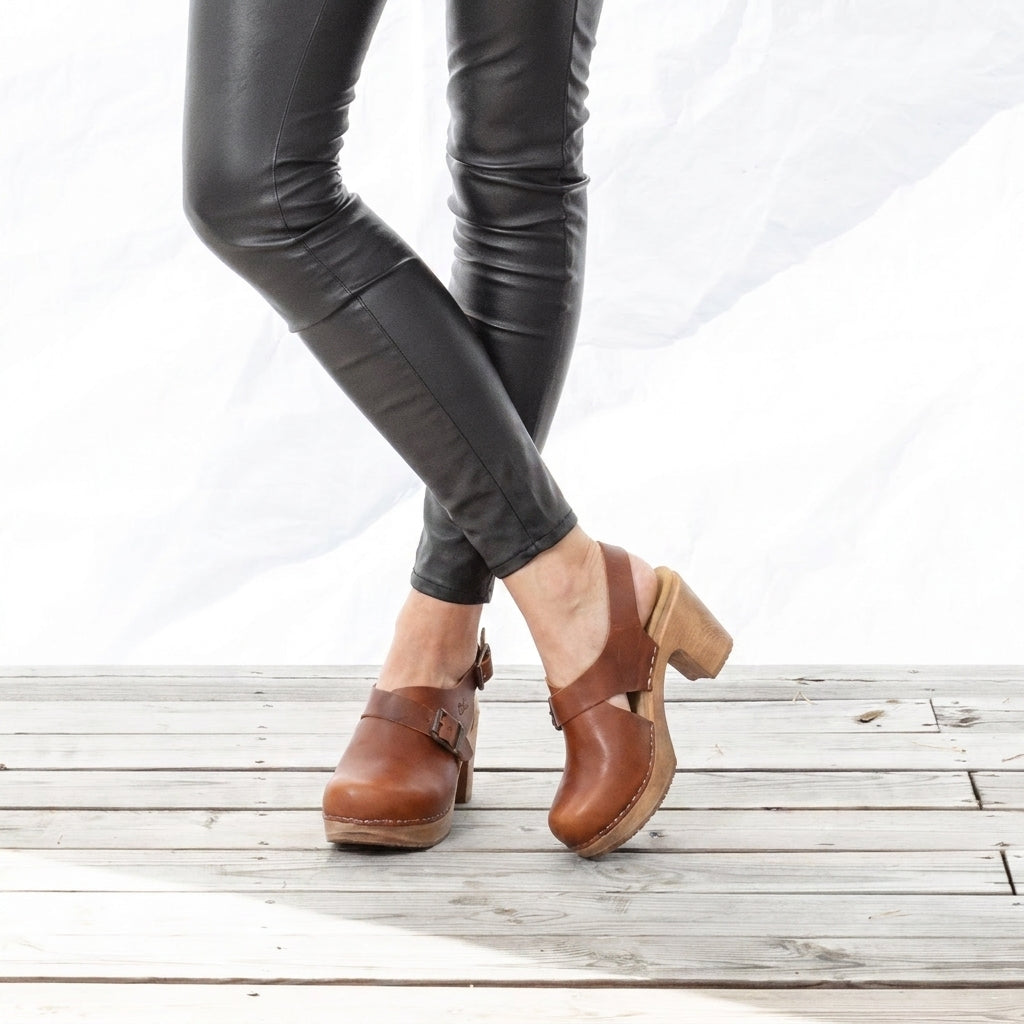 Astrid brown leather slingback clog set on Calou soft flexible sole