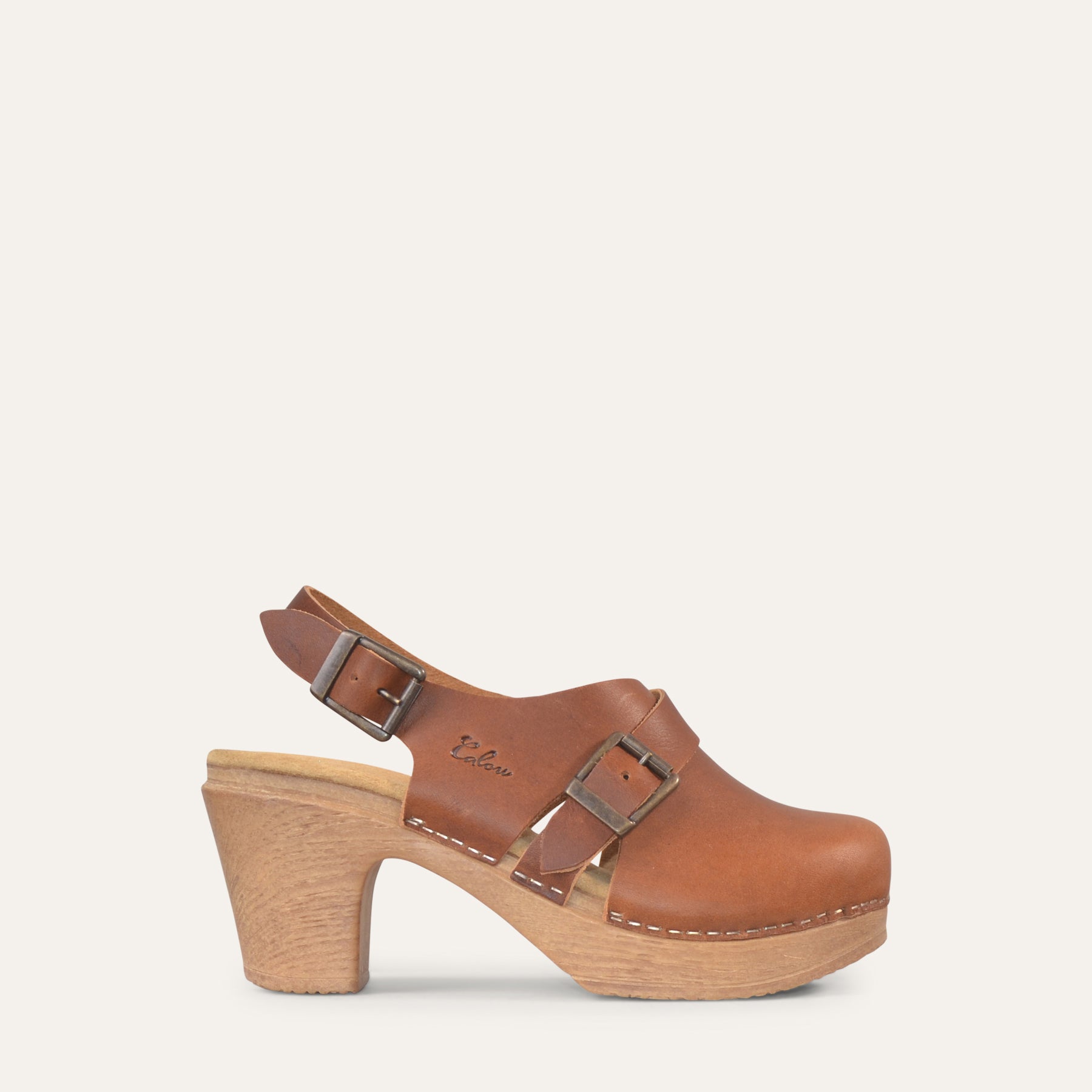 Astrid brown leather clog side, Calou Stockholm