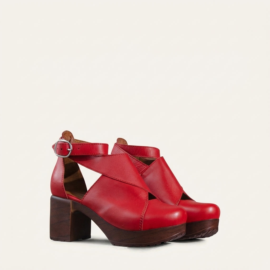 Calou red strappy women clog shoe on soft flexible heels