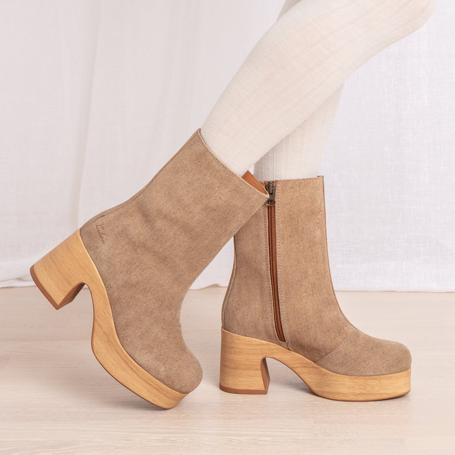 Bobbie beige suede clog boots on model