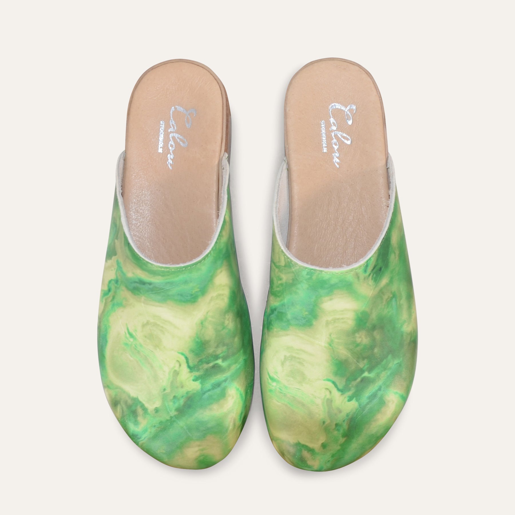 Helena green printed leather clogs, Calou Stockholm