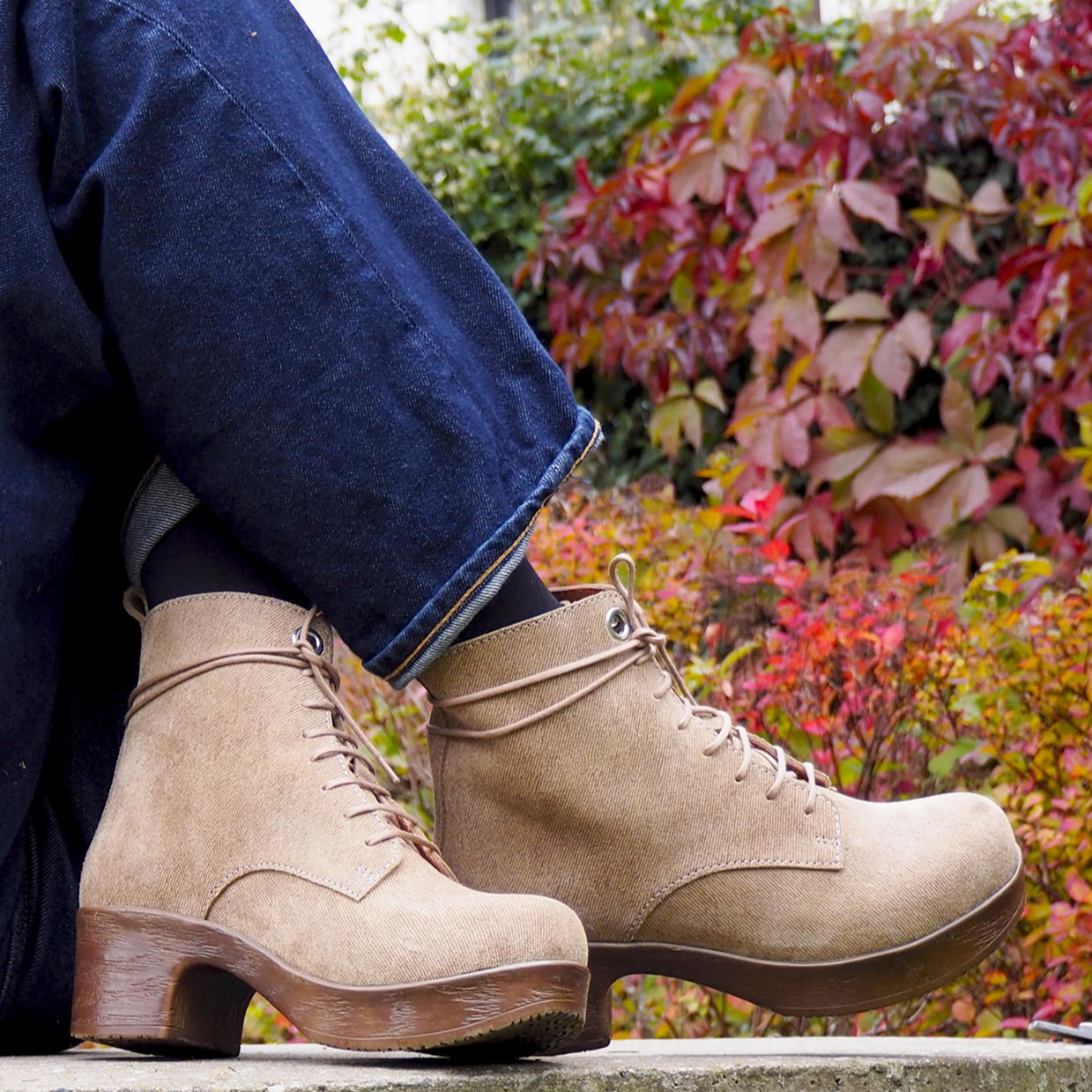Jonna beige suedem lace up clog boot on model, Calou