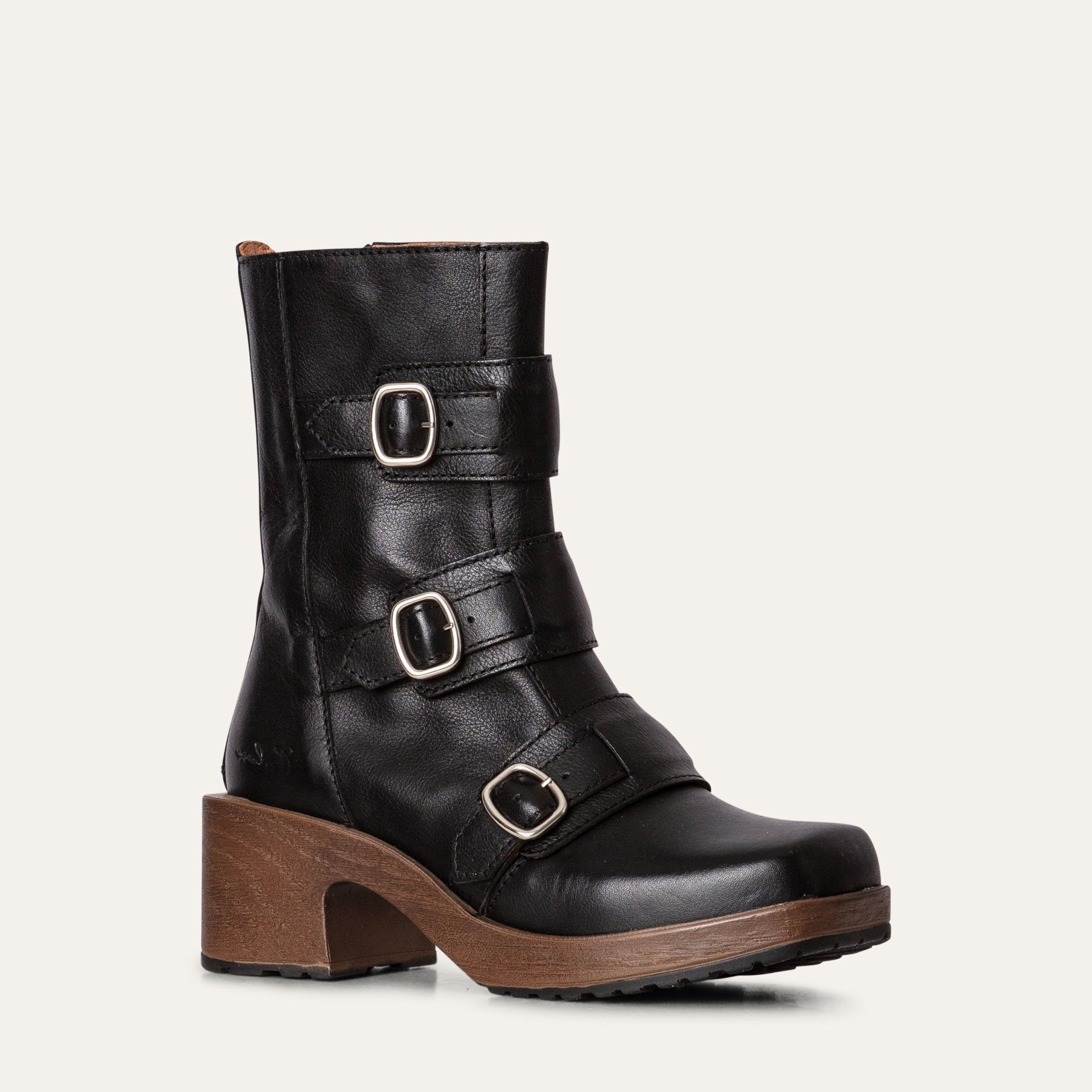 Luna black leather clog biker boot Calou Stockholm