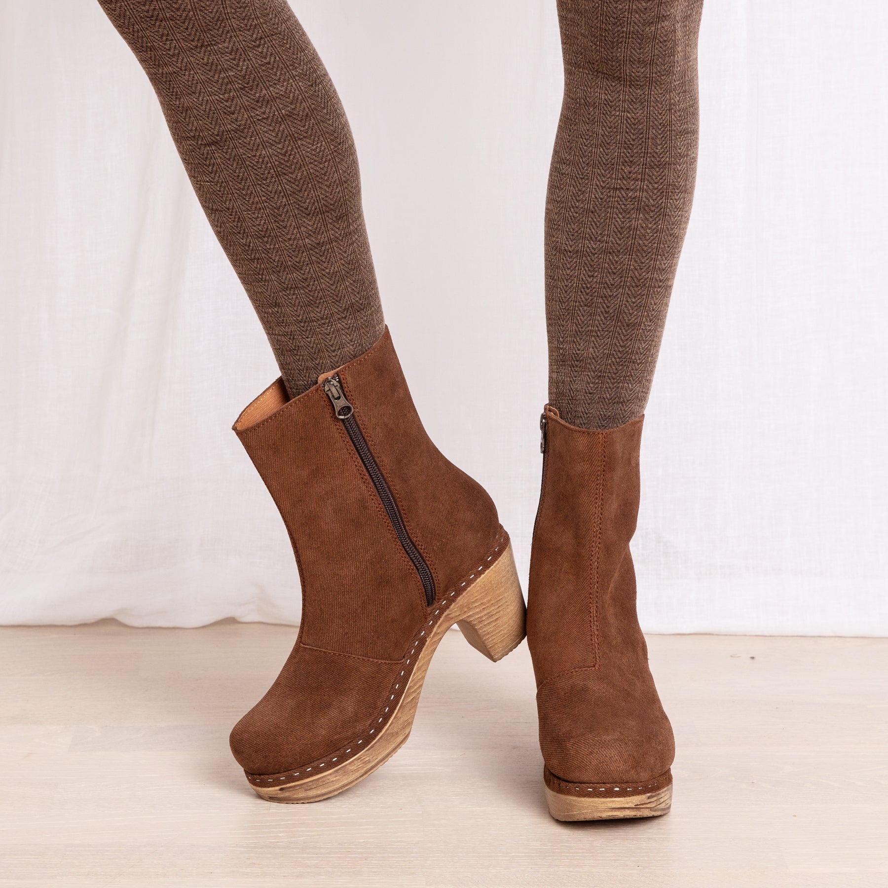 Molly brown suede clog boot on model