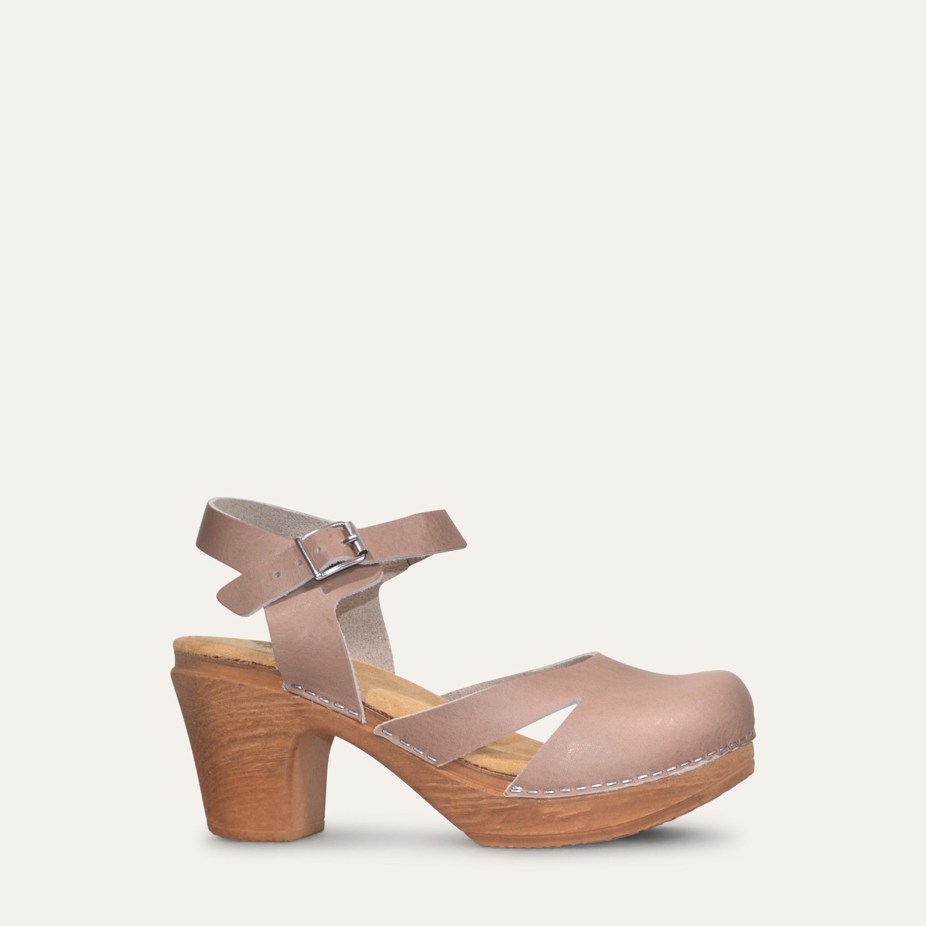 Sideview Taupe leather MaryJane clog by Calou
