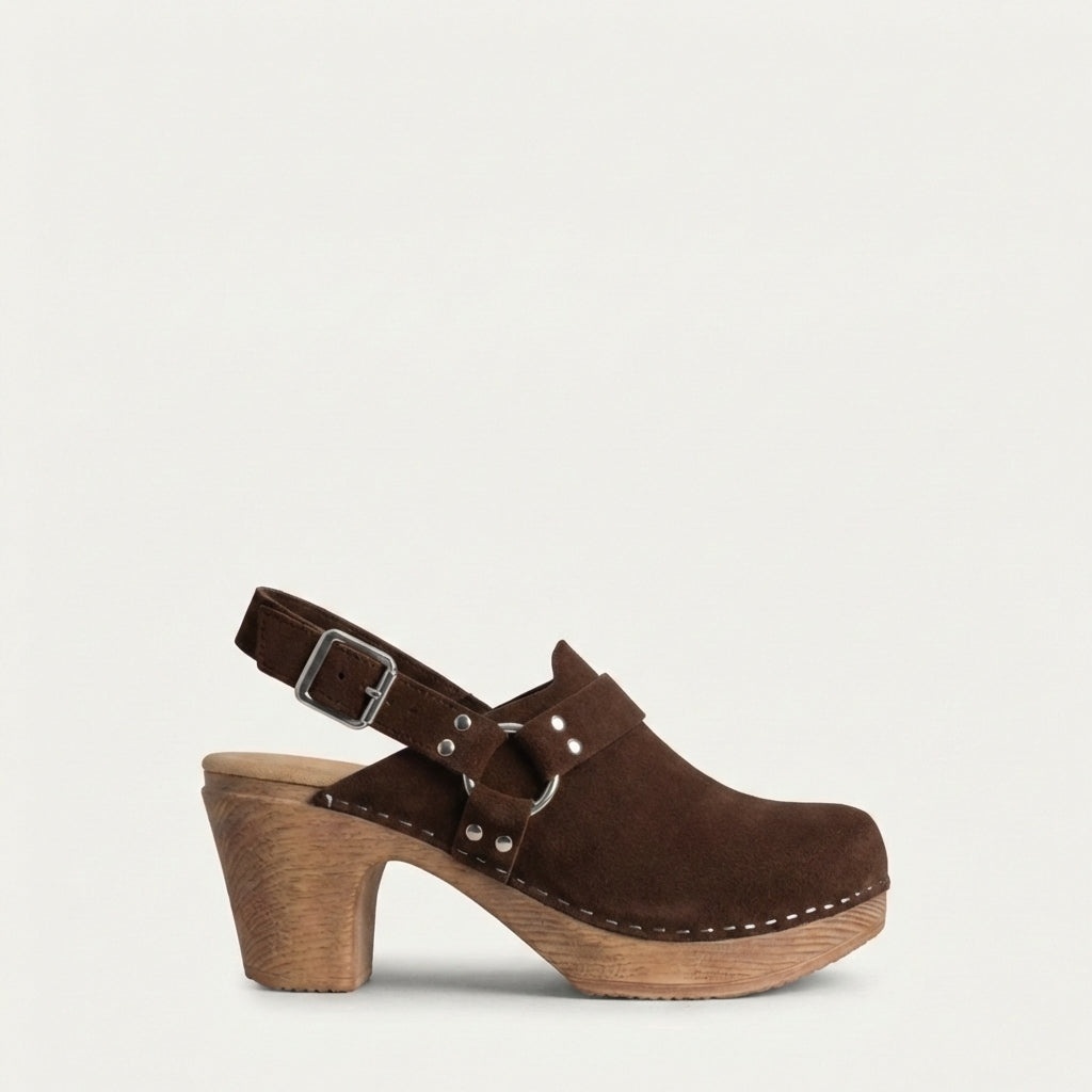Calou Tindra brown suede western clog on cushioned flexible sole