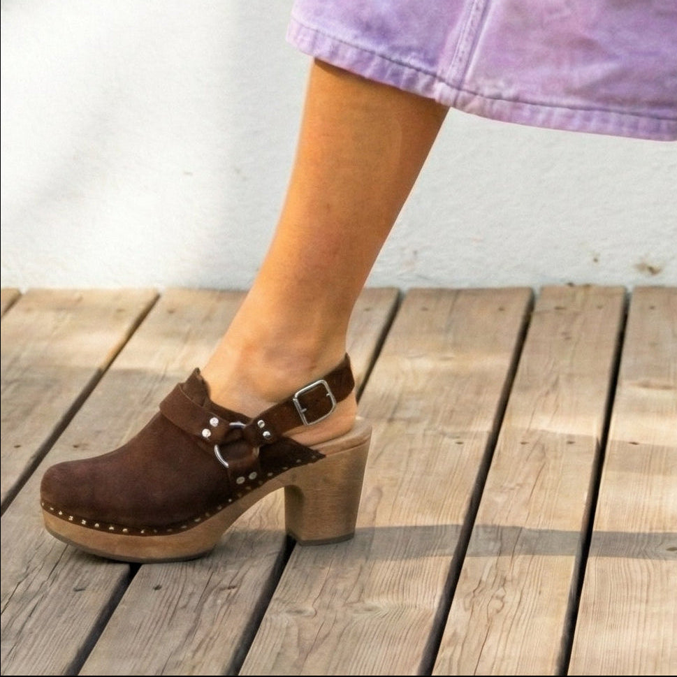 Calou brown suede western inspired clog on foot
