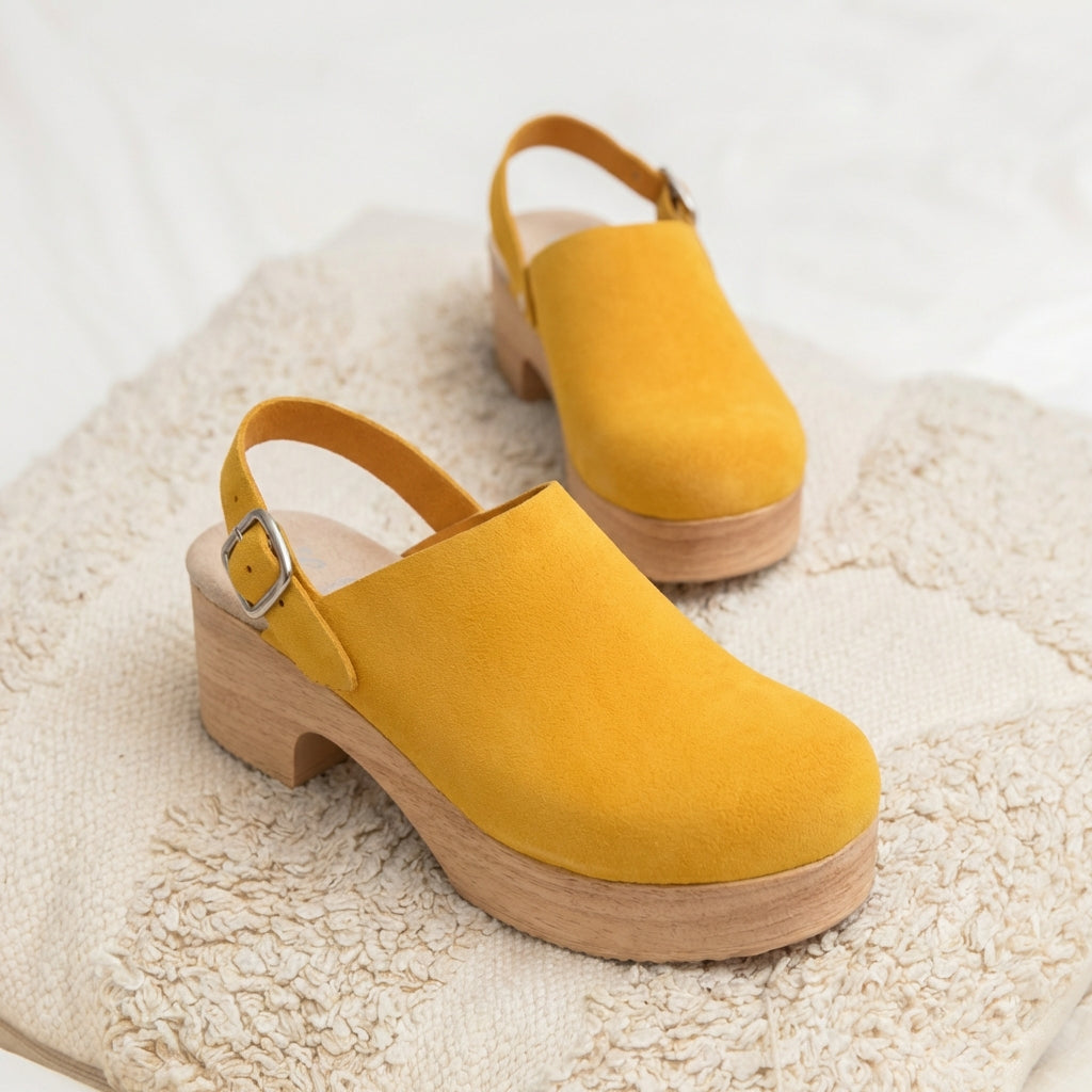 Calou yellow suede clogs, lifestyle