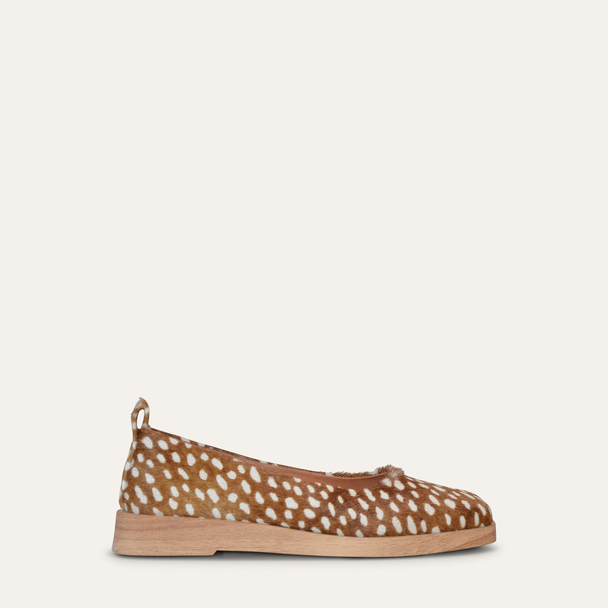 Spotted pony hair Calou Selma Fur Dot ballerina with squared toe and low wooden-look sole, side view