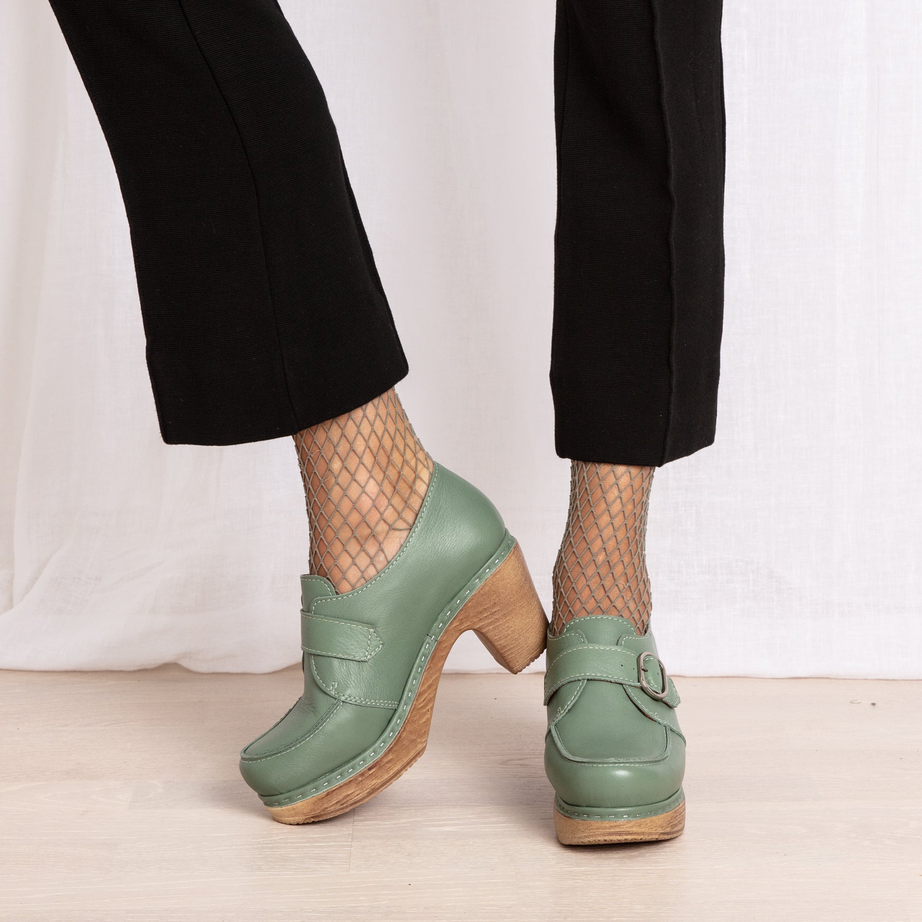 Alex green leather clog loafer on model