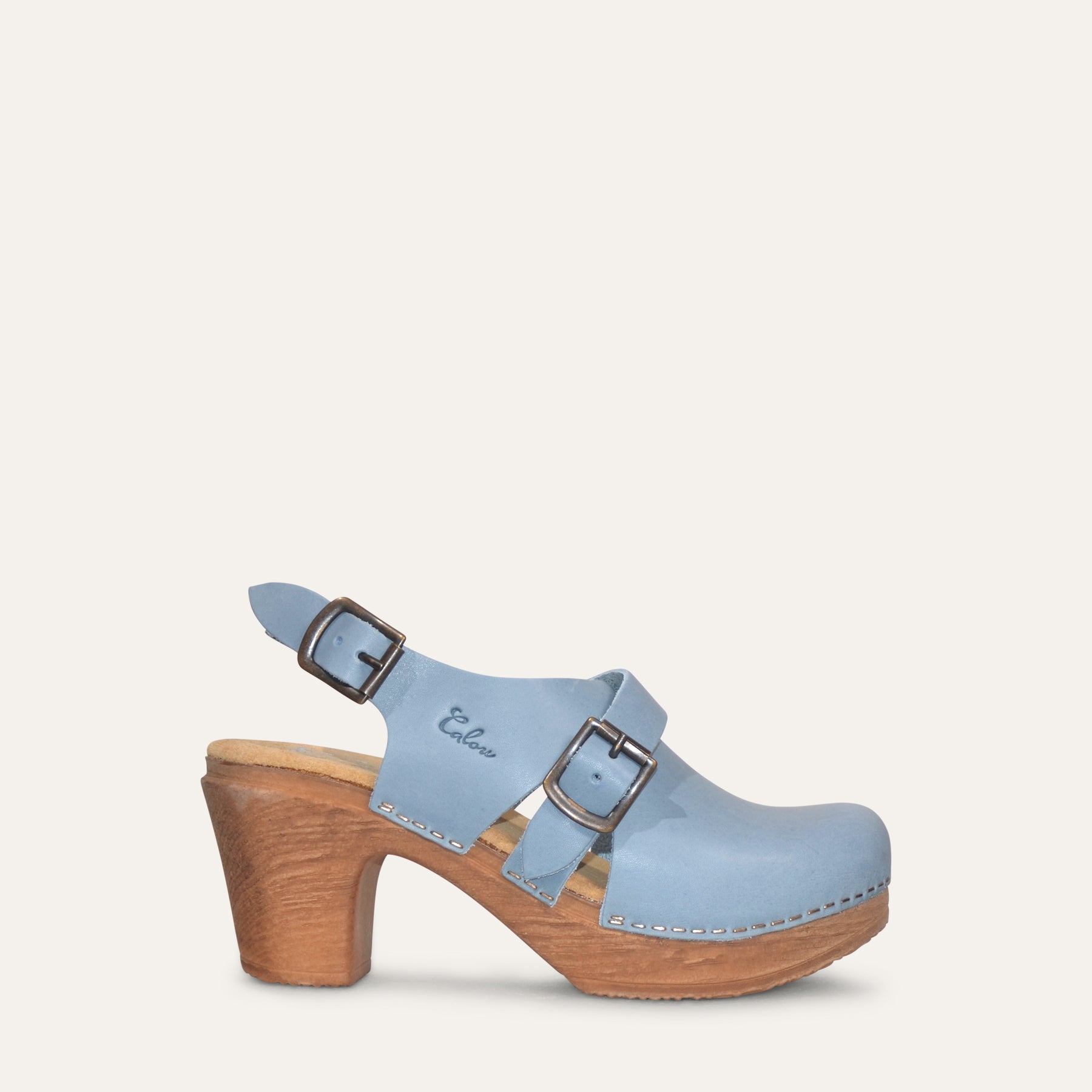 Calou blue buckled slingback clog on cushioned flexible clog
