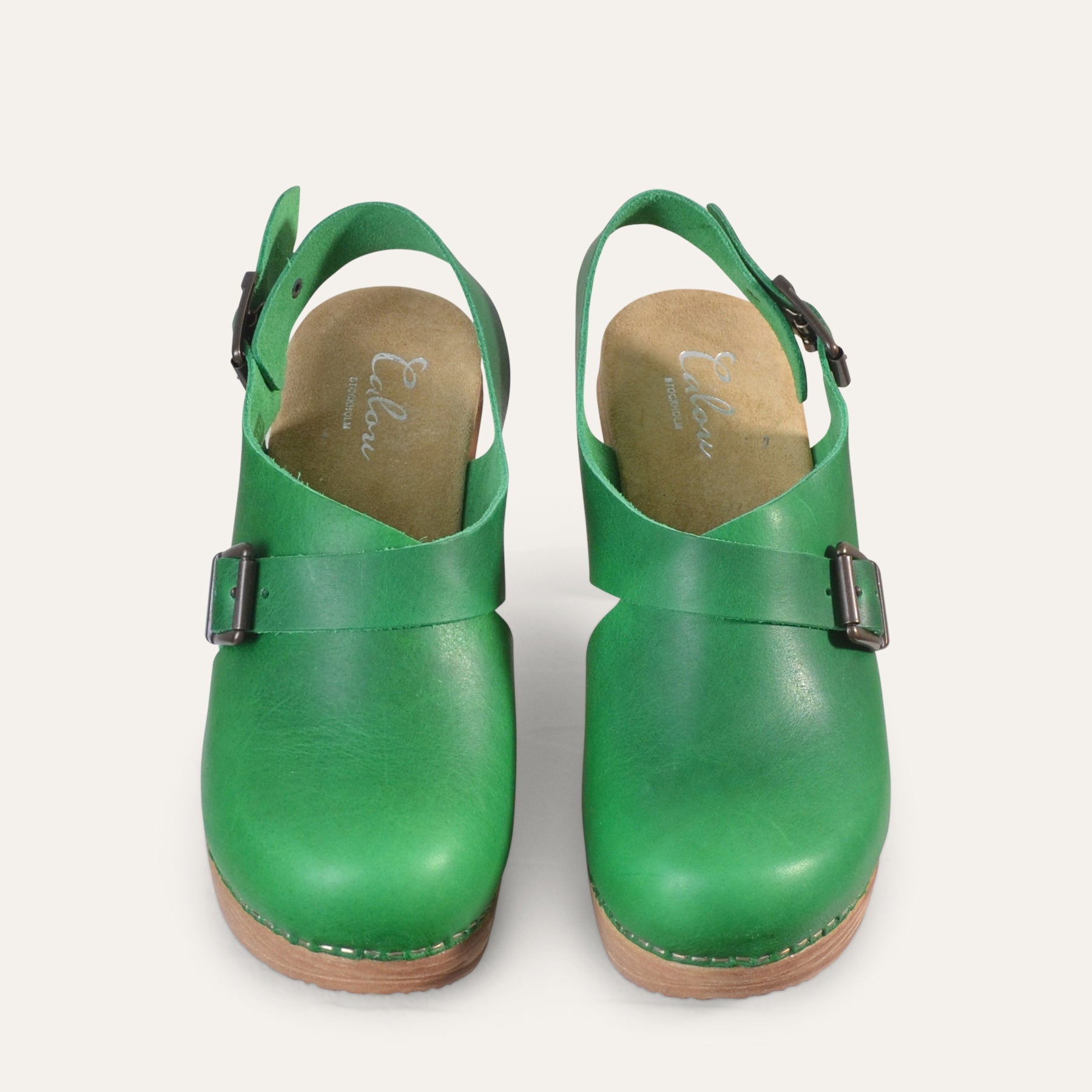 Astrid green leather slingback clogs Calou Stockholm