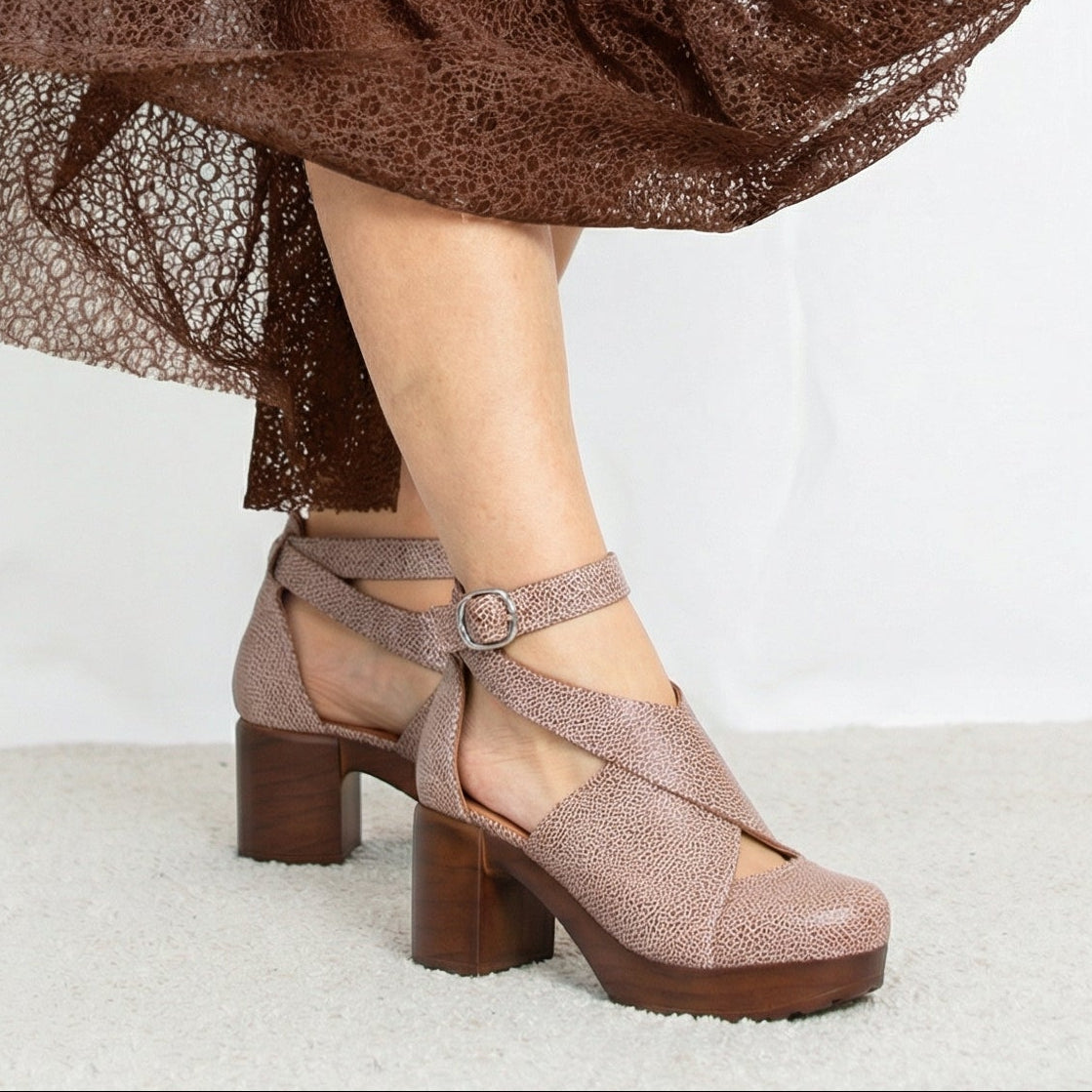 Calou Bea brown cracked leather effect clog shoes with flex-sole on model