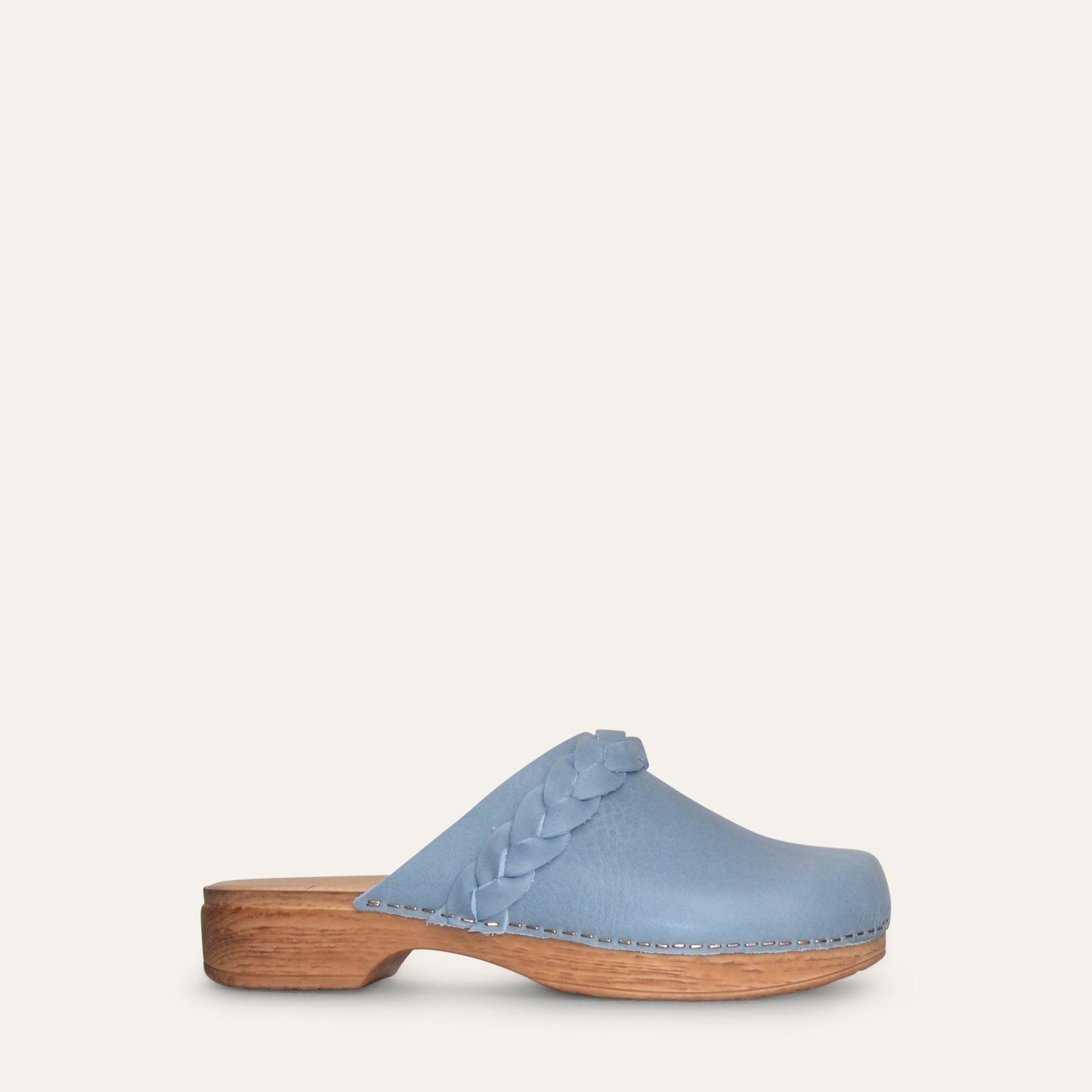 Calou blue leather clog with braid detail on soft flexible sole