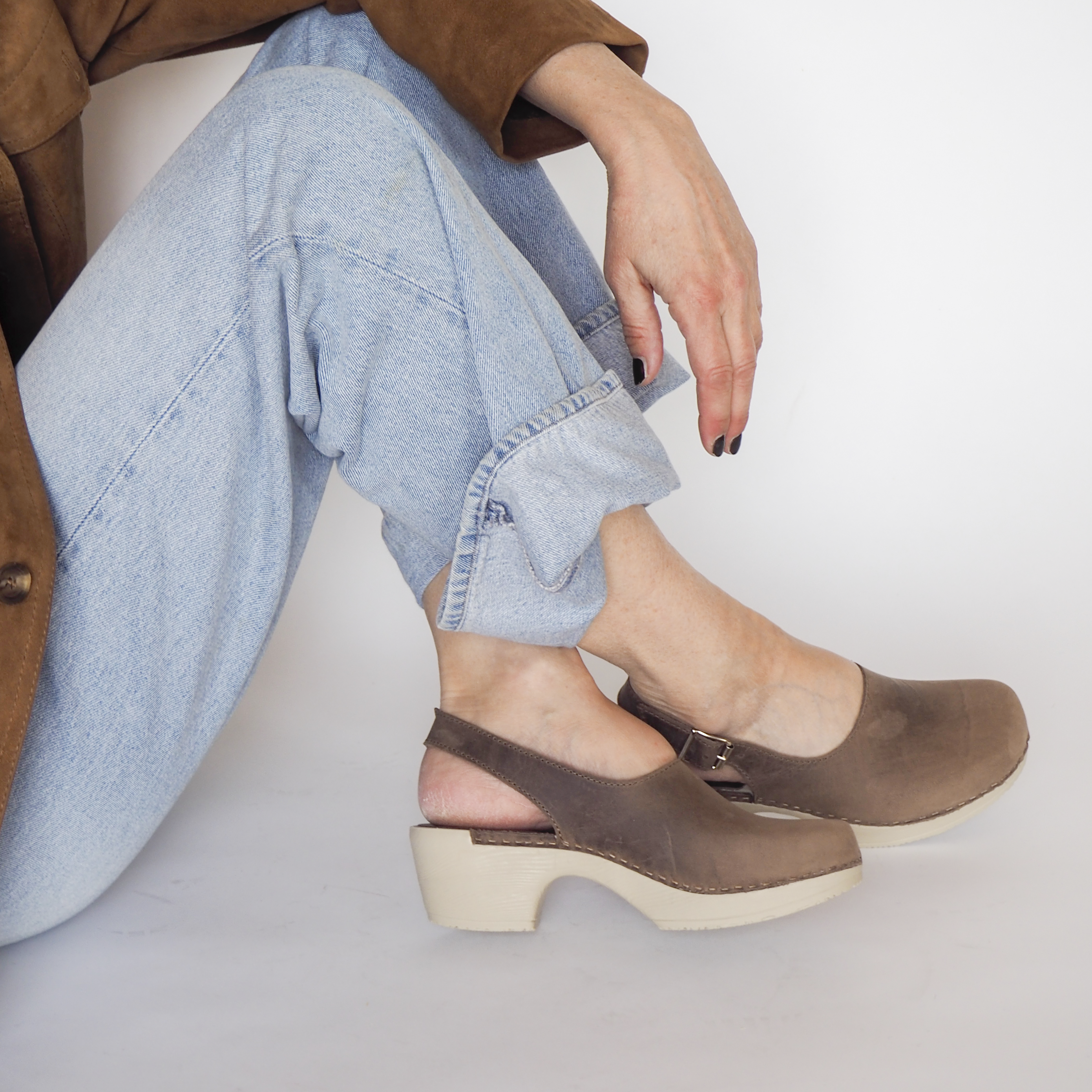 Lilja brown leather clog on model calou stockholm