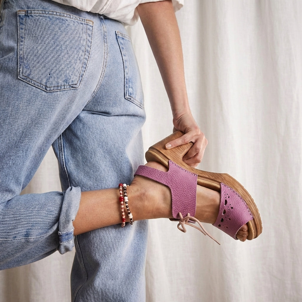 Calou purple Mary Jane clog on foot