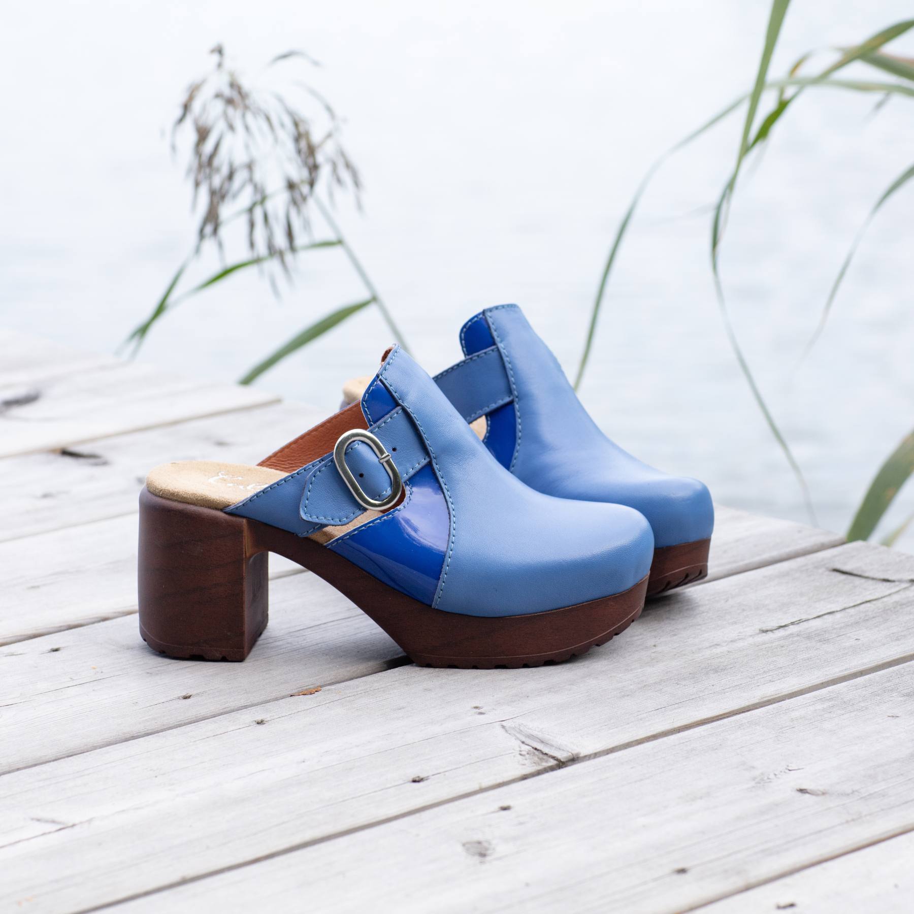 Sonja blue leather clog on pier