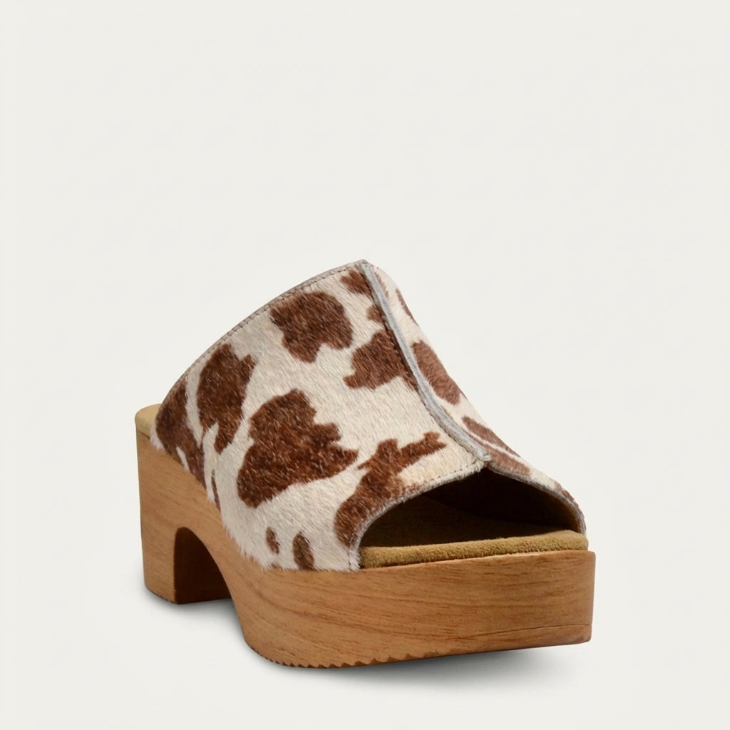 Calou Tina brown and white ponyskin clog mules on soft flexible base