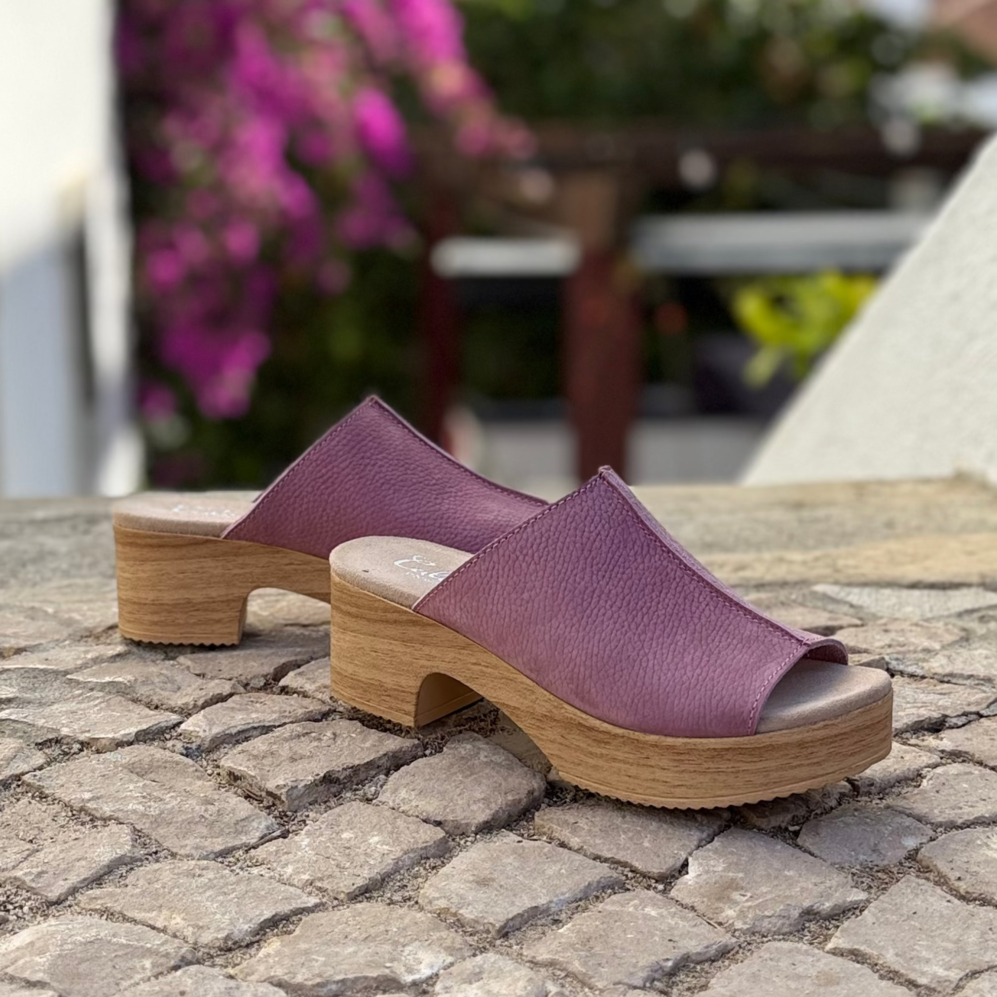 Calou Purple clog mules on flexible soles