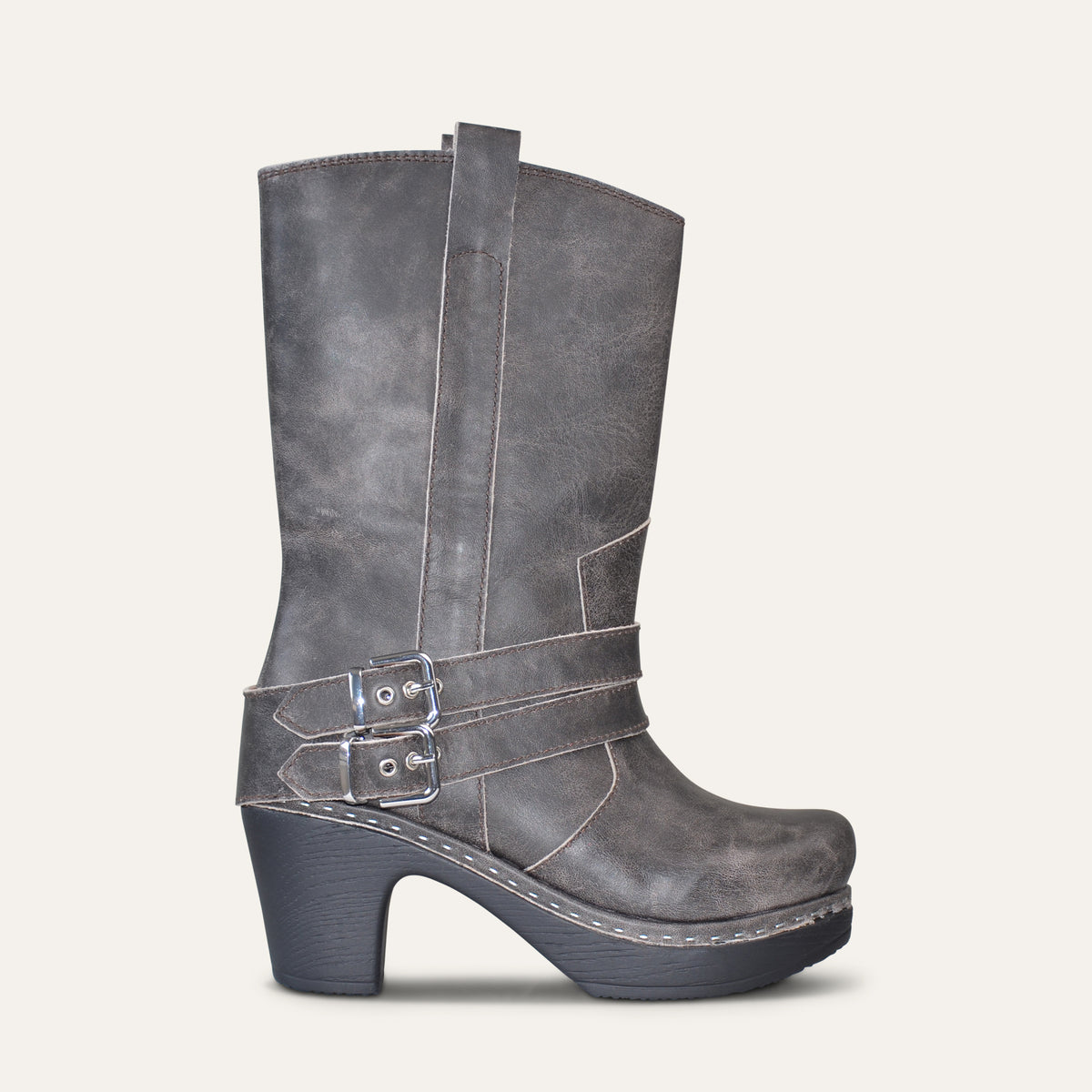 Calou Lou biker clog boot in distressed grey leather with double buckle straps and wooden heel, side view
